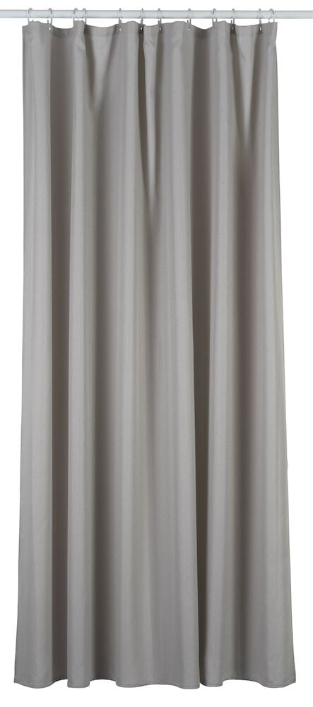 Harmaabeige suihkuverho, jossa on kangaslaskokset.