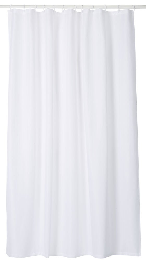 Valkoinen suihkuverho, jossa pellavarakennetta tangolla.