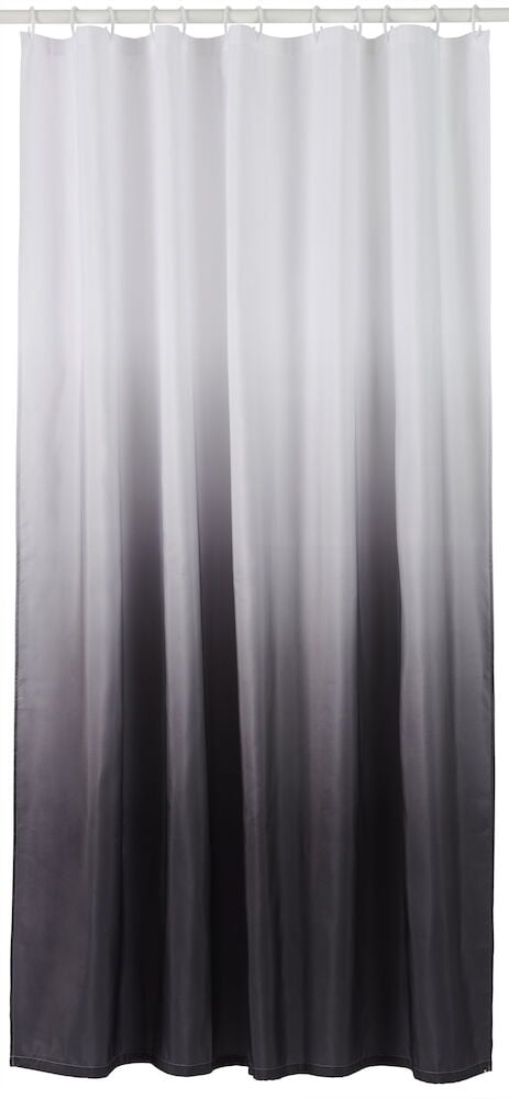 Grått duschdraperi med vattenfallsinspirerat mönster.