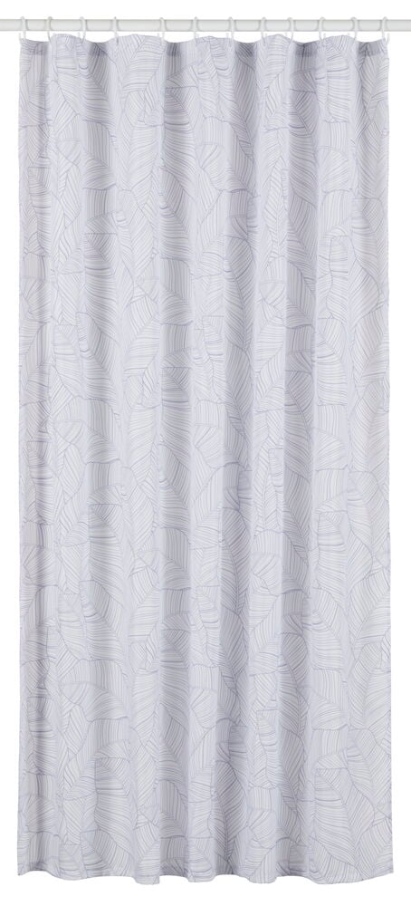 Lila duschdraperi med diskret bladmotiv hänger rakt.