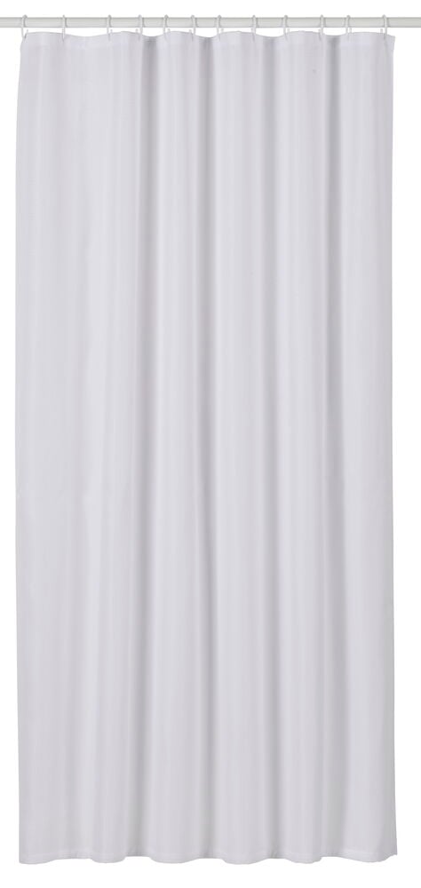 Vitt duschdraperi med våffelmönster och plastöglor.