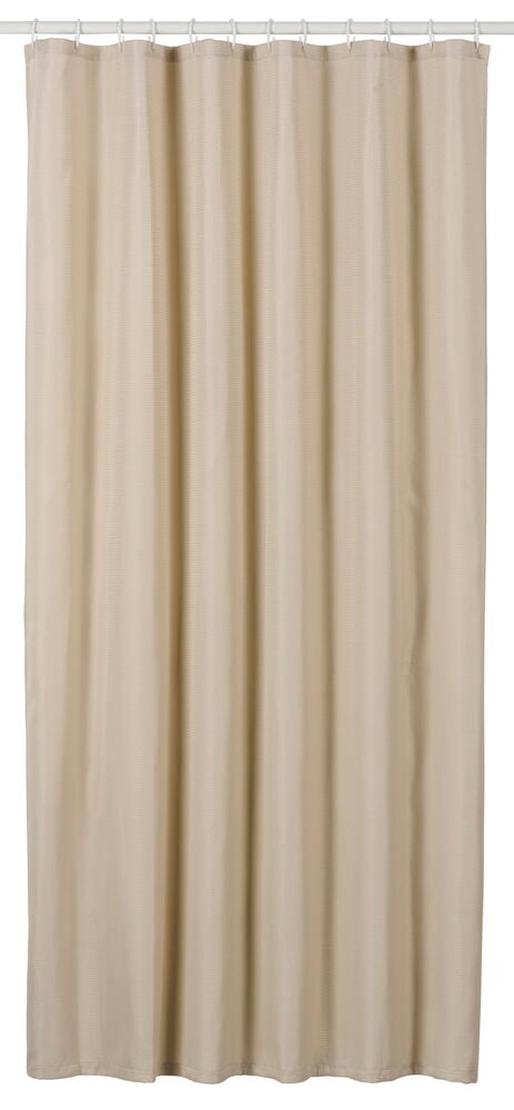 Beige duschdraperi med veckad våffelstruktur.