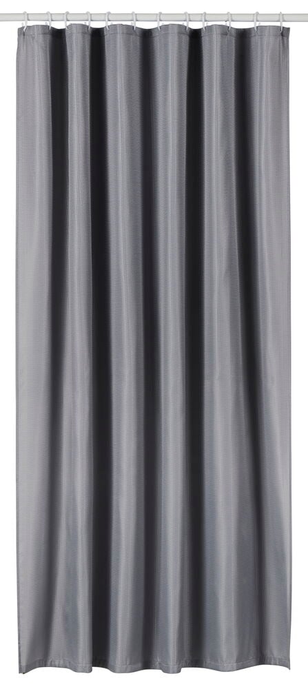 Grått duschdraperi med slät våfflad yta.