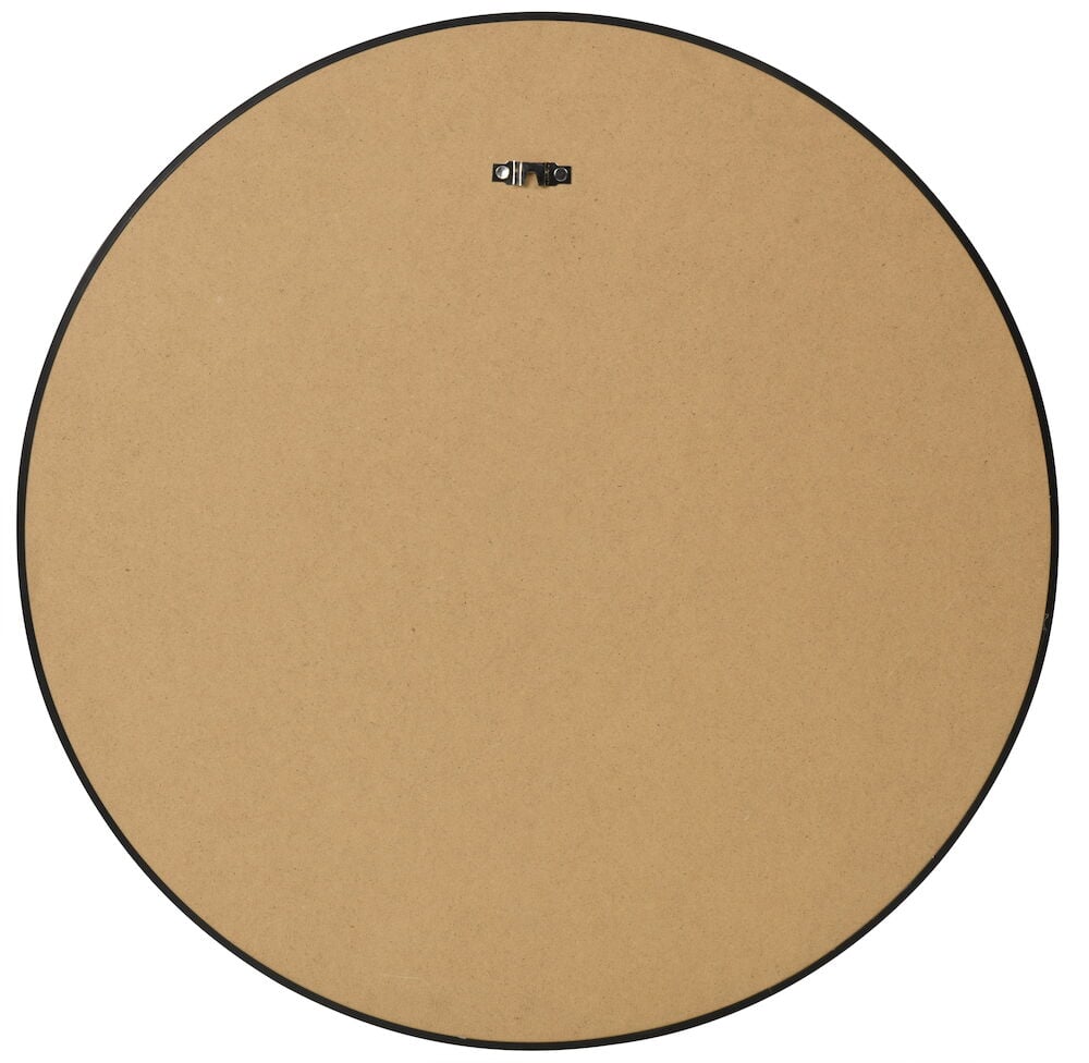 Baksida av rund svart spegel med väggfäste.