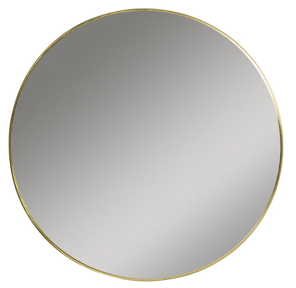 Pyöreä peili, jossa on ohut kullansävyinen kehys.
