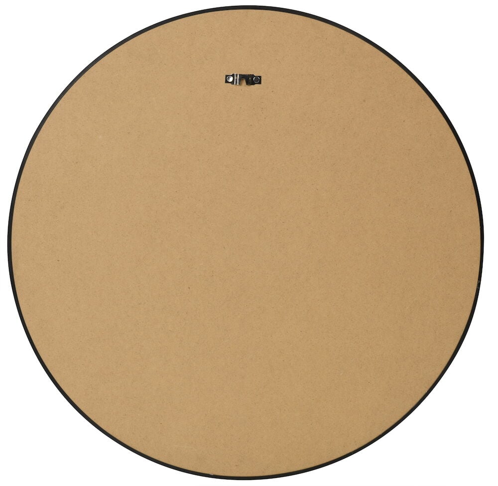 Baksida av rund spegel med guldram och upphängning.