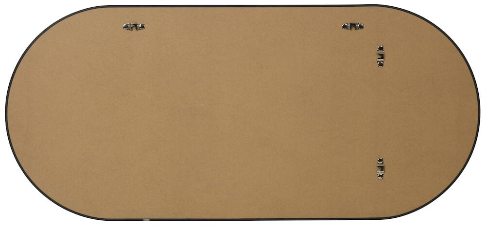 Oval spegel med svart ram och upphängningsbeslag.