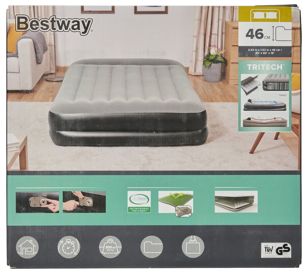 Uppblåsbar extrasäng med grå flockad ovansida.