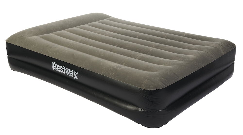 Aufblasbares Gästebett aus grauem und schwarzem Vinyl.