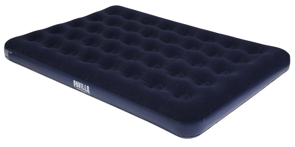 Mörkblå uppblåsbar extrasäng med mjuk yta.