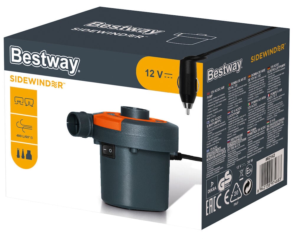 Musta ja harmaa sähköinen ilmapumppu tuotepakkauksessa.