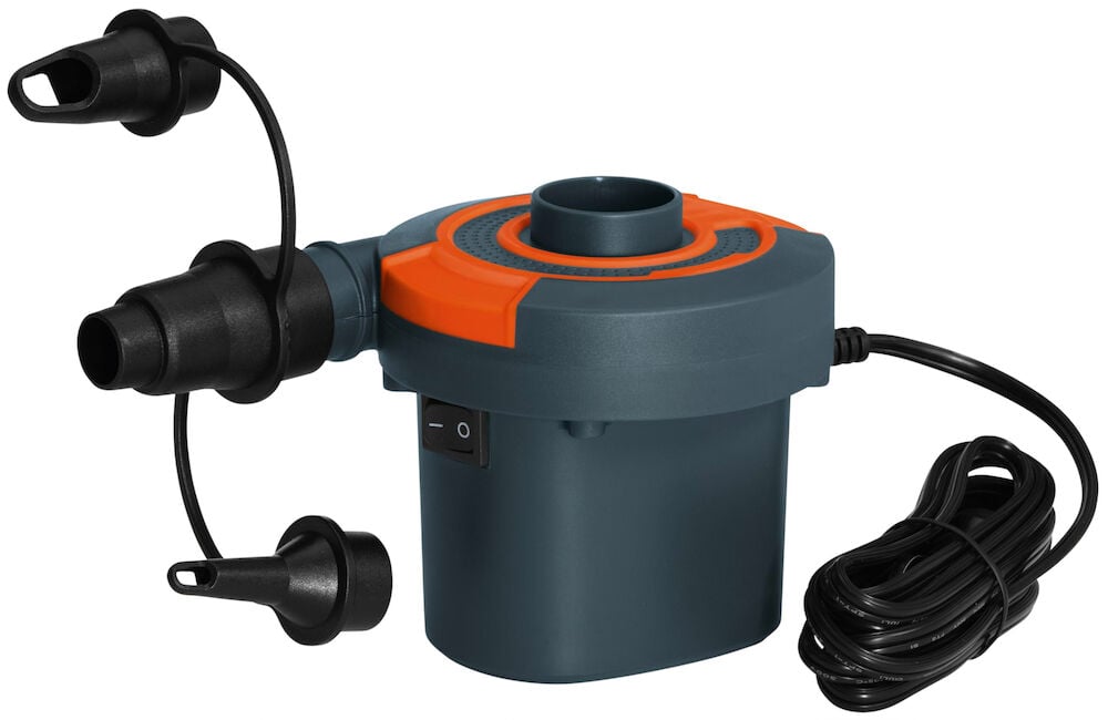 Sähköinen ilmapumppu kaksivärisellä muotoilulla, letkulla ja suuttimilla.