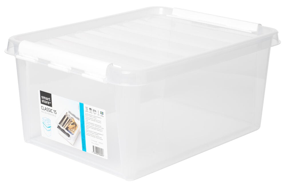 Läpinäkyvä säilytyslaatikko, jossa on valkoinen kansi ja etiketti.