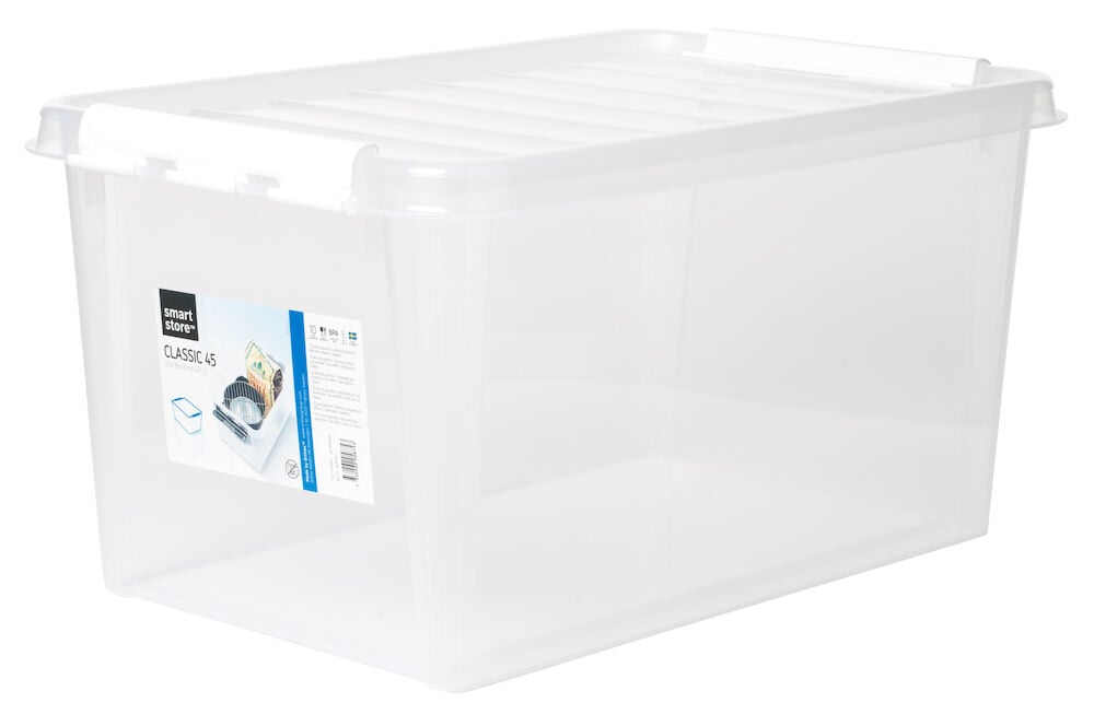 Läpinäkyvä muovilaatikko, jossa on kansi ja valkoiset soljet.