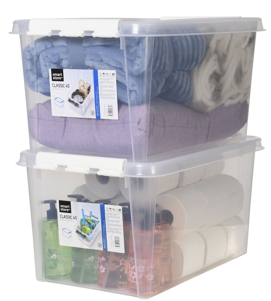 Två stapelbara transparenta förvaringslådor med lock.