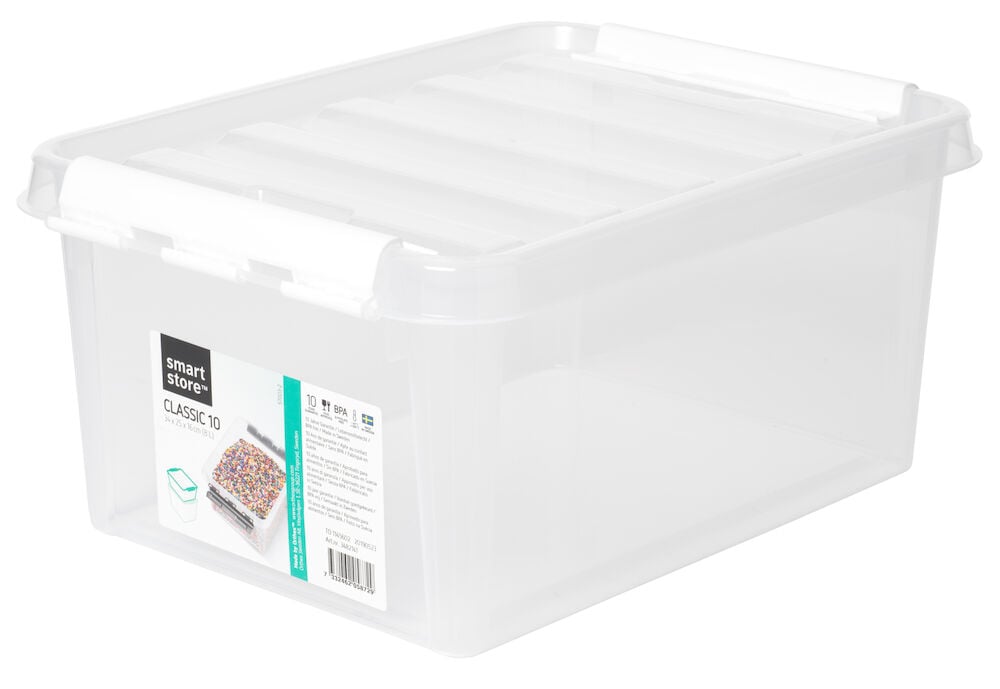 Läpinäkyvä säilytyslaatikko kannella ja valkoisilla kiinnikkeillä.