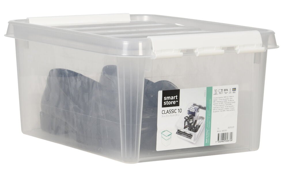 Transparent förvaringslåda med vitt lock och etikett.
