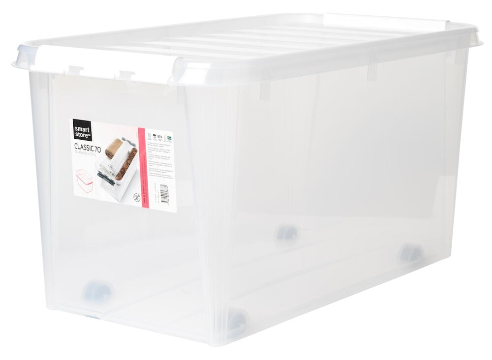 Transparent förvaringslåda med lock och hjul.