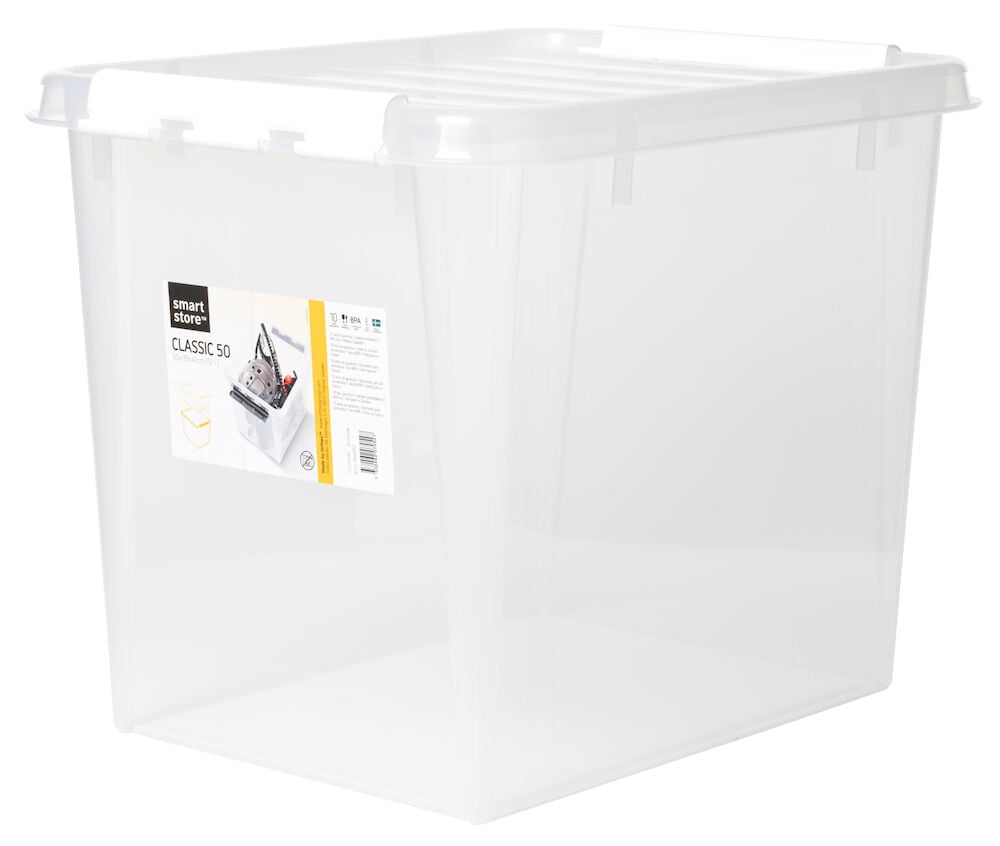 Transparent förvaringslåda med lock och etikett på framsidan.