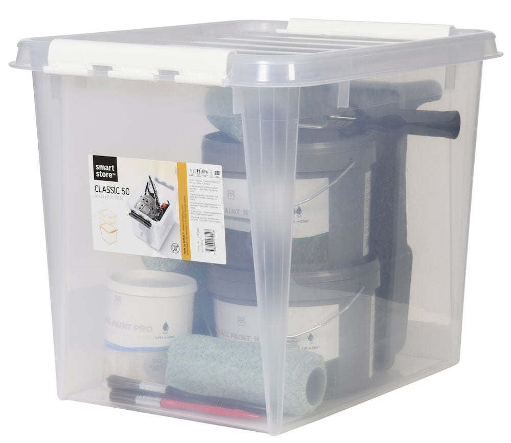 Transparent förvaringslåda med lock fylld med målarredskap.
