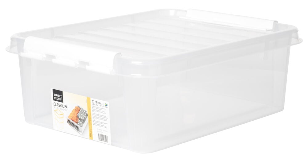 Transparent förvaringslåda med vitt lock och vita clips.