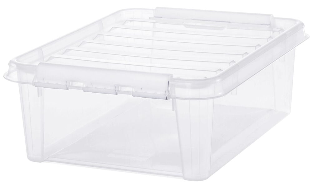 Läpinäkyvä säilytyslaatikko, jossa on kansi ja mustat kiinnikkeet.