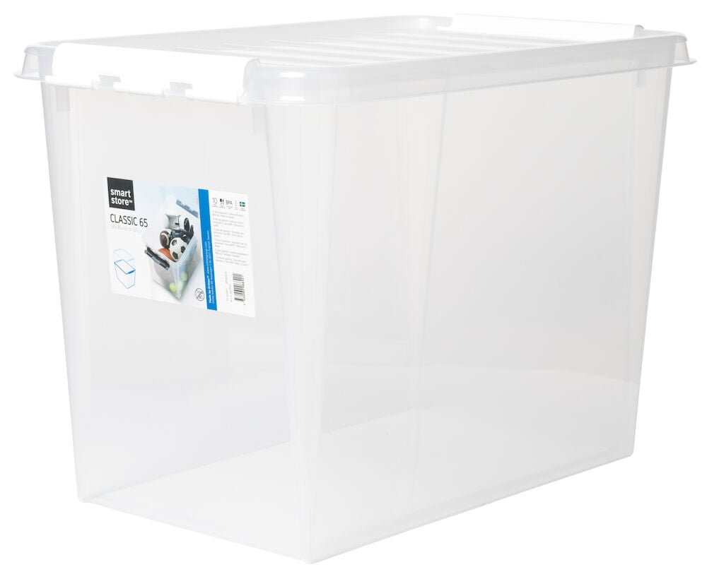 Läpinäkyvä säilytyslaatikko, jossa kansi ja valkoiset kiinnikkeet.