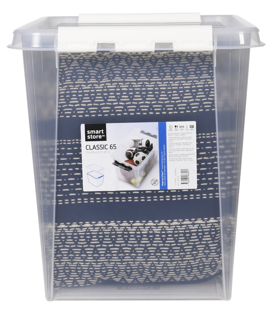 Transparent förvaringslåda med vitt lock och innehåll.