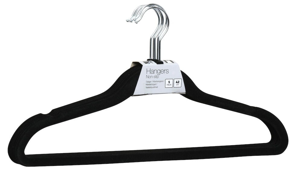 Svart halkfri galge med krok och etikett.