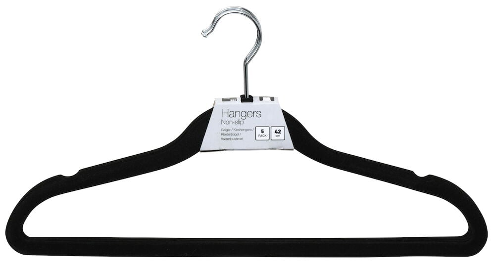 Svart halkfri galge med krok och etikett.