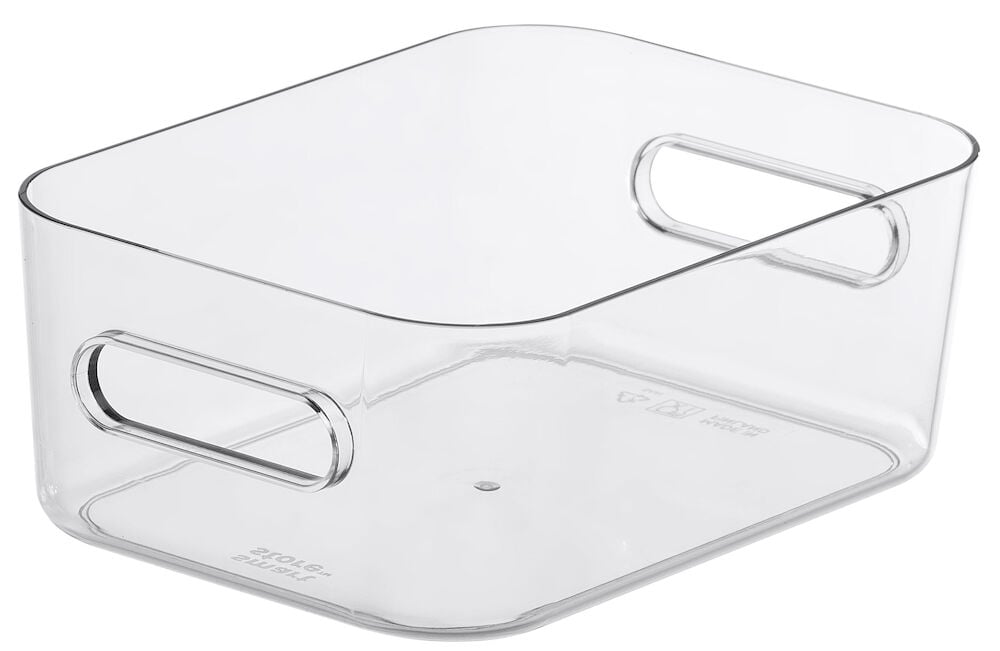 Rektangulär transparent plastlåda med två handtag.