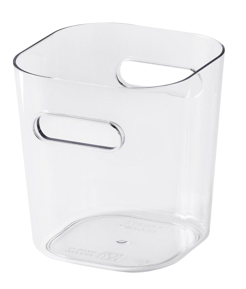 Transparent förvaringslåda med handtag, öppen och tom.