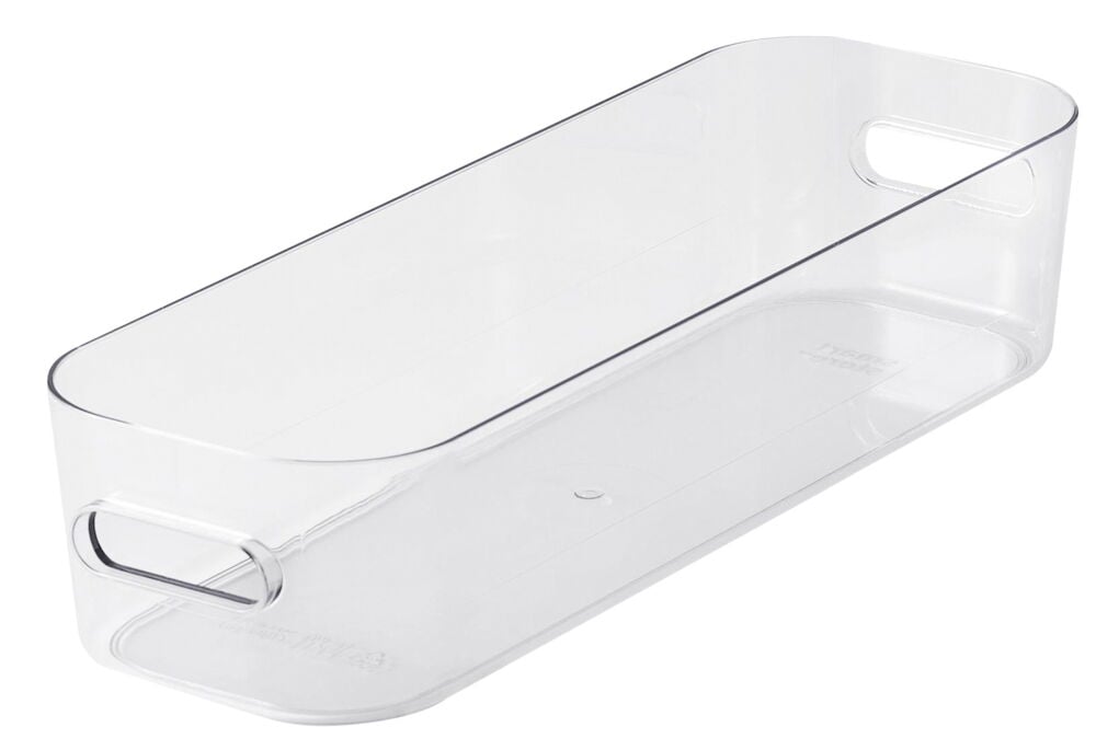 Läpinäkyvä suorakulmainen muovilaatikko, jossa on integroidut kahvat.