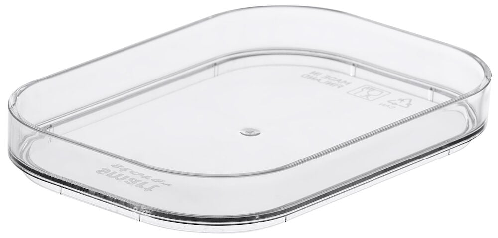 Läpinäkyvä suorakulmainen kansi kirkasta muovia.