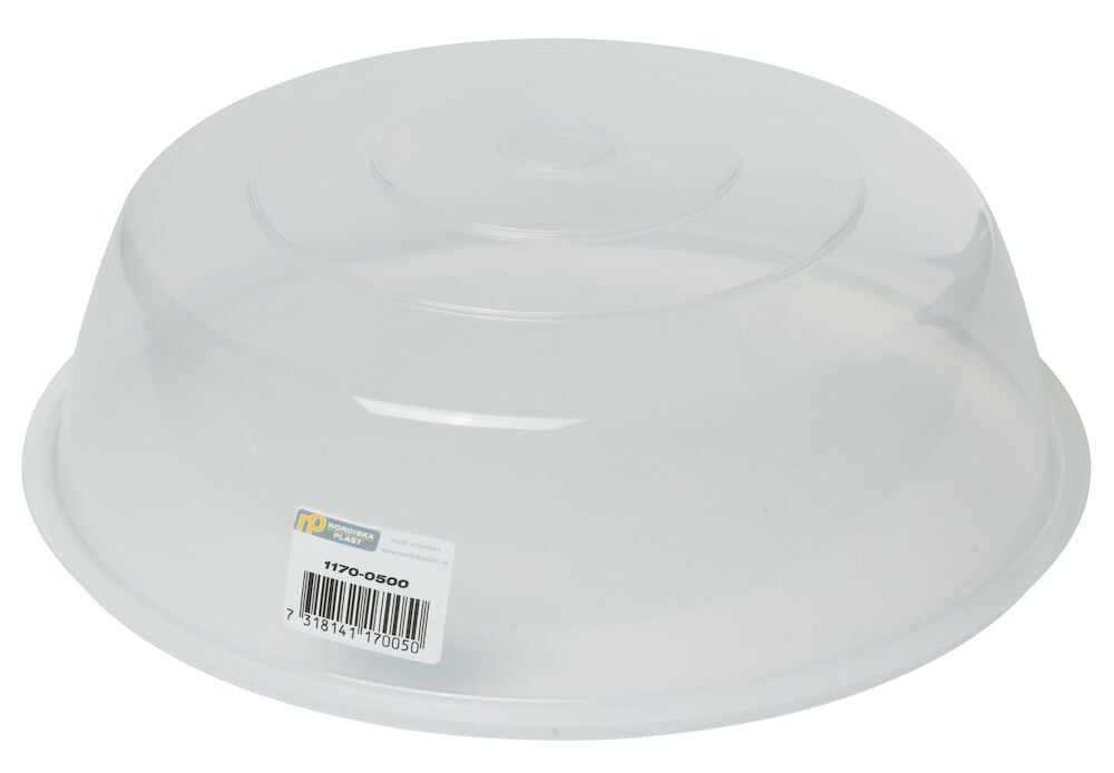 Läpinäkyvä mikroaaltouunilukko, pyöreä muovi, etiketti näkyvissä.