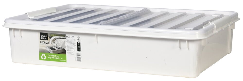 Vit plastlåda med hjul och transparent lock.