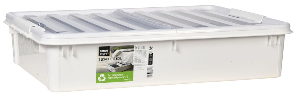 Rektangulär plastlåda med lock och hjul.