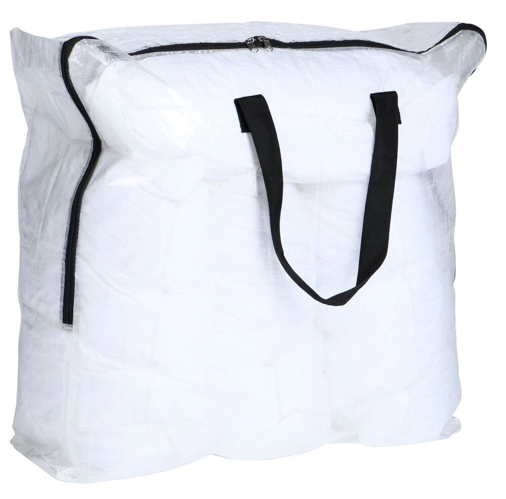 Transparent oppbevaringspose med svarte håndtak og glidelås.