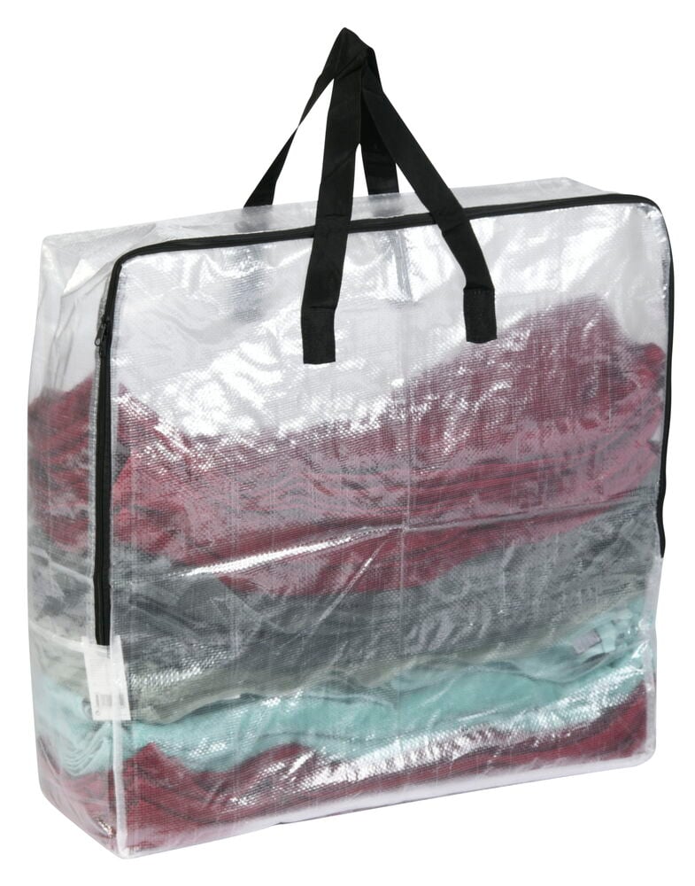 Läpinäkyvä säilytyspussi vetoketjulla ja mustilla kahvoilla.