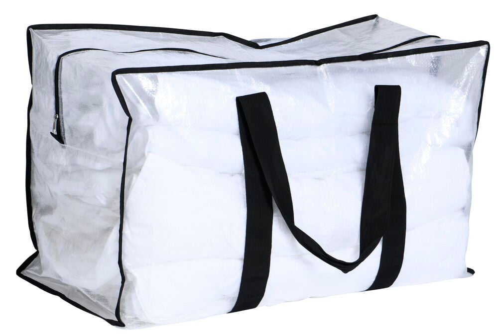 Transparent oppbevaringspose med svarte håndtak og glidelås.