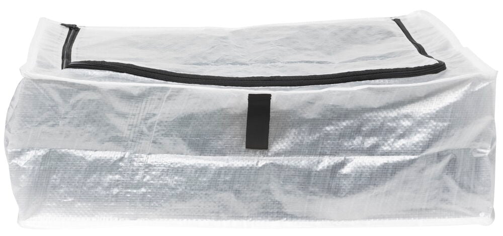 Transparent oppbevaringspose med svart glidelås og håndtak.