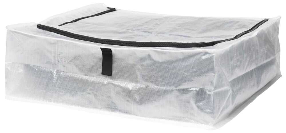 Transparent sengoppbevaringspose med svart glidelås og håndtak.