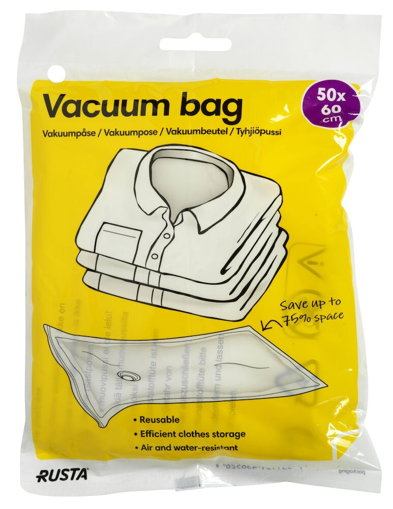En pakke med vakuumpose med illustrasjon av klesoppbevaring.