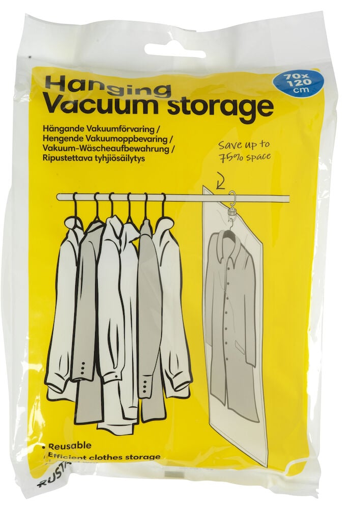 Transparent vakuumpose med opphengskrok for klesoppbevaring.