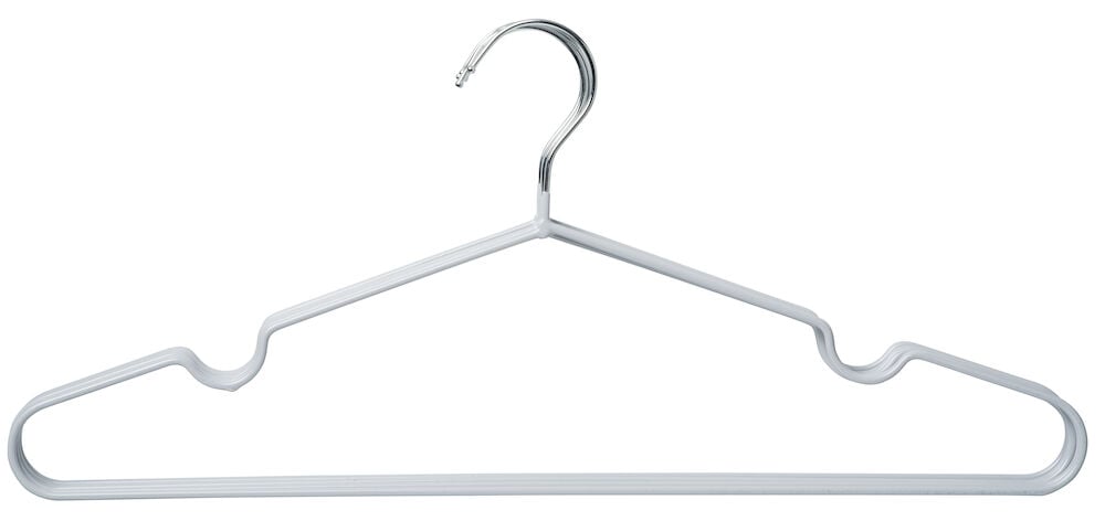 Weißer Metallkleiderbügel mit Haken und offenen Schlitzen.