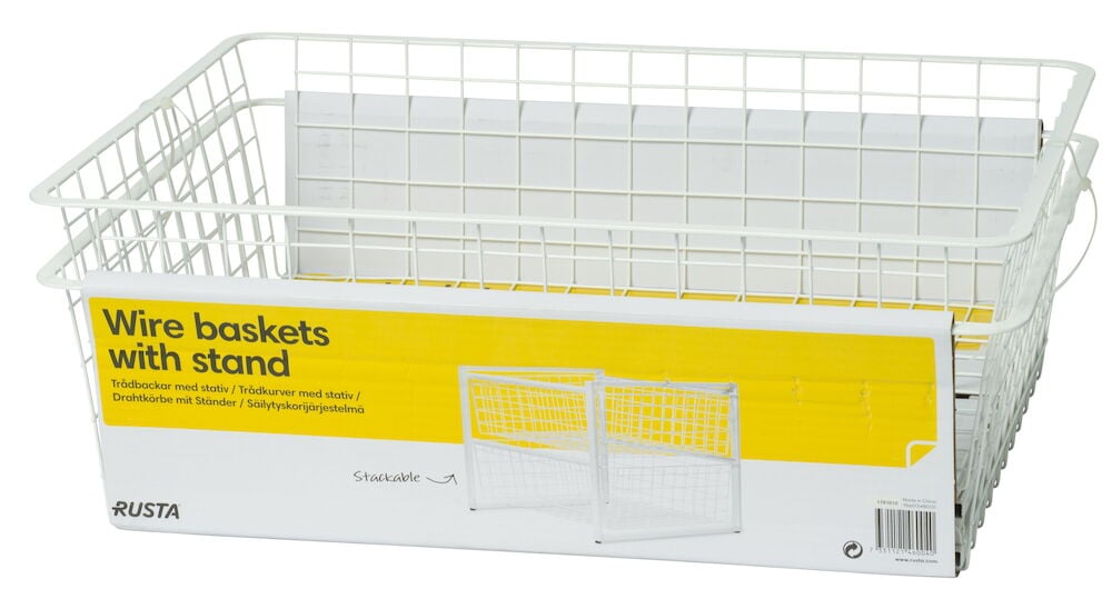 Valkoinen lankakori jalustalla, jauhemaalattua terästä.