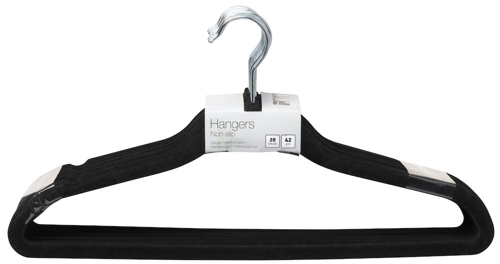 Svart sammetsgalge med roterande krok och byxhängare.