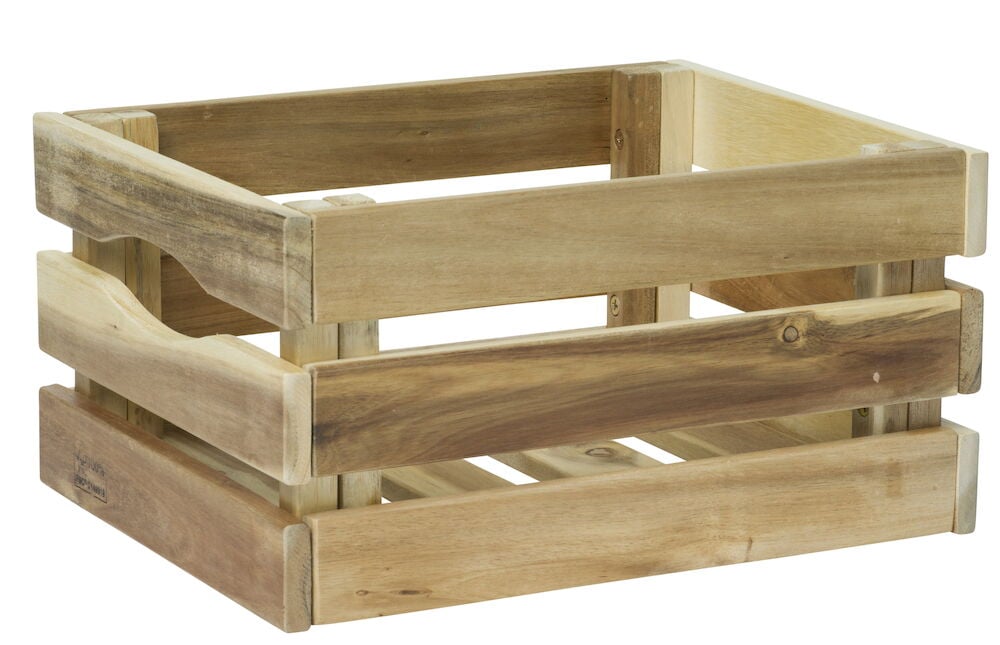 Suorakulmainen puulaatikko vaaleanruskeasta akaasiapuusta kahvoilla.