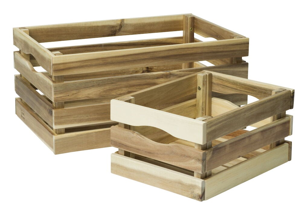 Två staplade trälådor i akaciaträ.