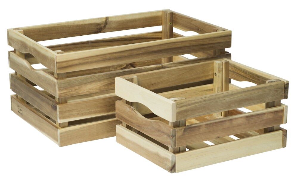 Två stapelbara trälådor i naturfärgad akacia.